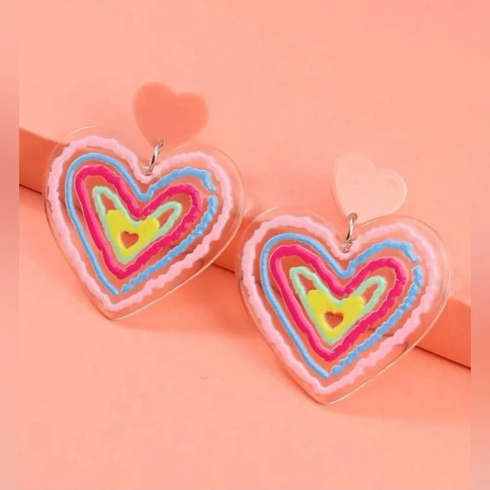 Neon Heart Maze- Puffy Paint Dimensional Concentric Rainbow Festival Rave Dangle